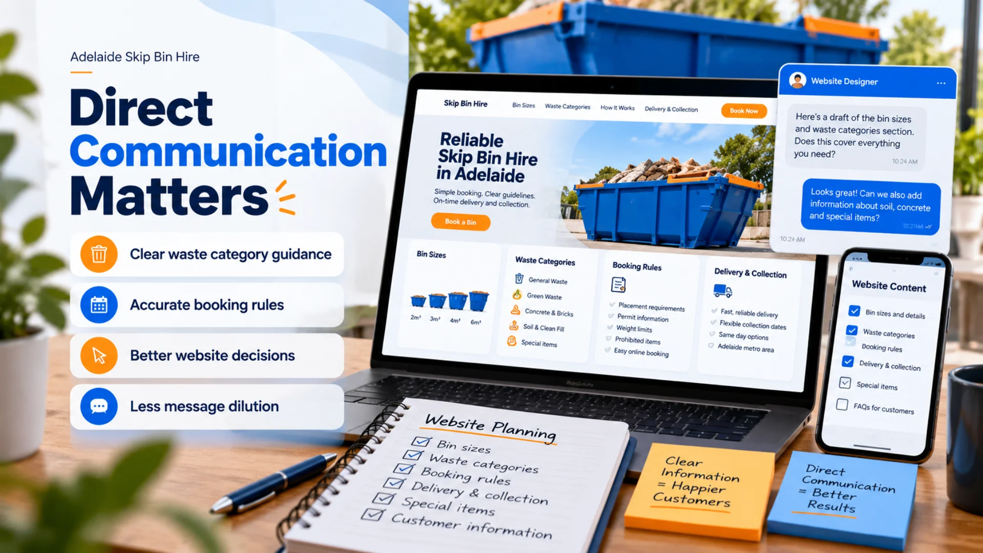 Direct communication for Adelaide Skip Bin Hire website design, showing waste categories, booking rules and customer requirements.