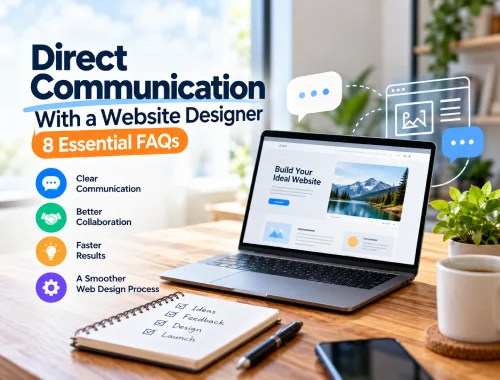 Direct communication with a website designer illustrated by a laptop, messaging icons and benefits of clearer ideas and better outcomes.